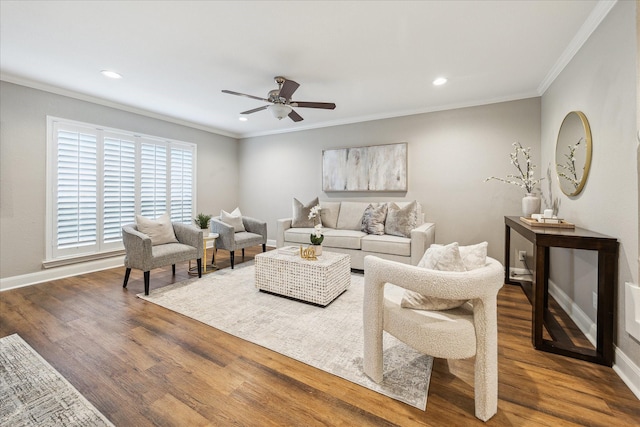 12709 Huntingwick Dr Unit 167, Houston, TX 77024 - living area featuring a ceiling fan, recessed lighting, wood finished floors, baseboards, and ornamental molding