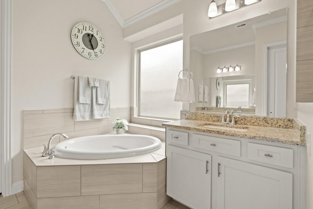 23440 Yaupon Hills Dr, New Caney, TX 77357 - bathroom with ornamental molding, a bath, and vanity