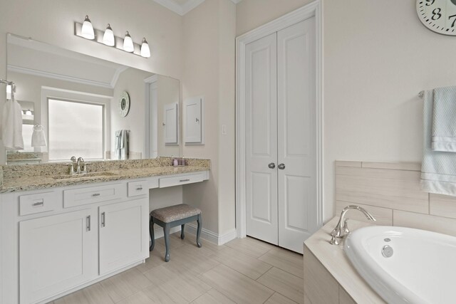 23440 Yaupon Hills Dr, New Caney, TX 77357 - full bathroom featuring a bath, vanity, baseboards, a closet, and crown molding