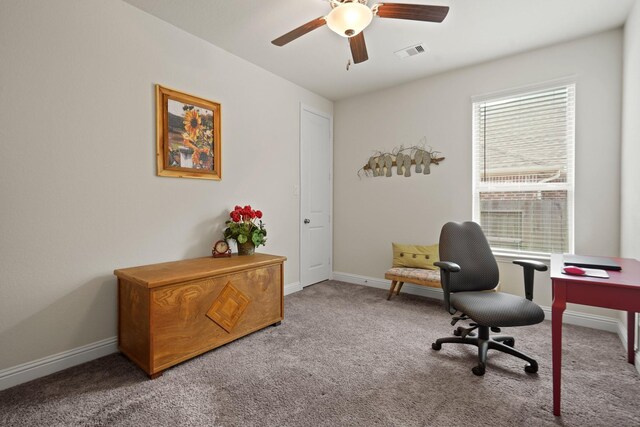 23440 Yaupon Hills Dr, New Caney, TX 77357 - office area with carpet flooring, a ceiling fan, and baseboards