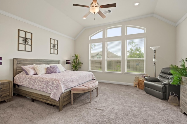 23440 Yaupon Hills Dr, New Caney, TX 77357 - bedroom featuring vaulted ceiling, light colored carpet, ornamental molding, baseboards, and a ceiling fan