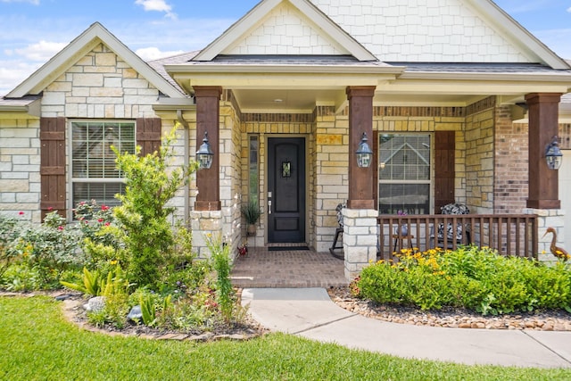 23440 Yaupon Hills Dr, New Caney, TX 77357 - doorway to property featuring stone siding and a porch