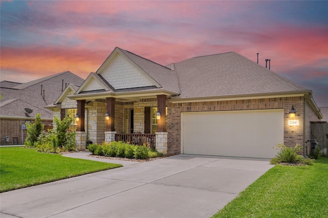 23440 Yaupon Hills Dr, New Caney, TX 77357 - view of front of house with covered porch, a garage, driveway, a front yard, and brick siding