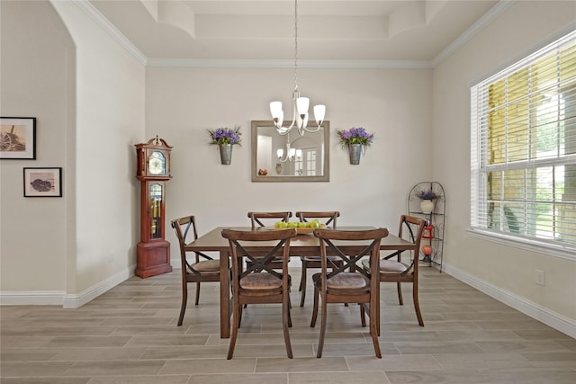 23440 Yaupon Hills Dr, New Caney, TX 77357 - dining room featuring a tray ceiling, wood finish floors, a chandelier, baseboards, and ornamental molding