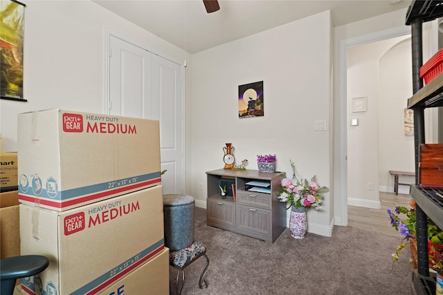 23440 Yaupon Hills Dr, New Caney, TX 77357 - rec room featuring carpet floors, baseboards, and ceiling fan