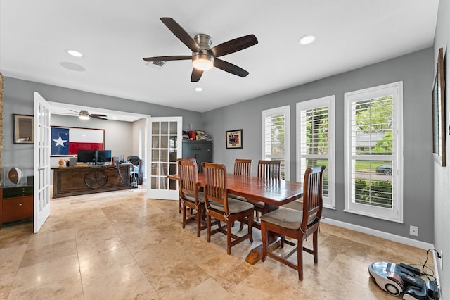 dining area with french doors, ceiling fan, recessed lighting, a desk, and baseboards