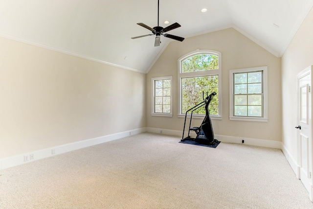 256 S Post Oak Ln, Houston, TX 77056 - workout area with healthy amount of natural light, carpet, ceiling fan, and vaulted ceiling