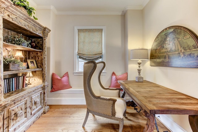 256 S Post Oak Ln, Houston, TX 77056 - office area with light wood-type flooring, baseboards, and ornamental molding