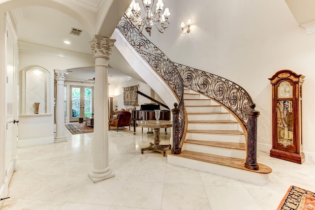 256 S Post Oak Ln, Houston, TX 77056 - stairway featuring crown molding, ornate columns, baseboards, recessed lighting, and french doors