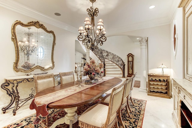 256 S Post Oak Ln, Houston, TX 77056 - dining area featuring stairs, ornamental molding, a chandelier, and decorative columns