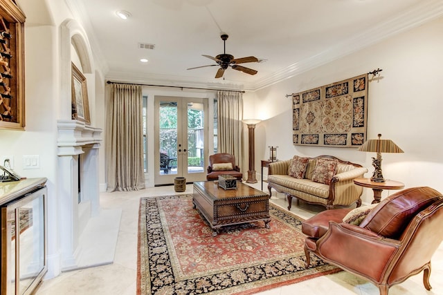 256 S Post Oak Ln, Houston, TX 77056 - living room with crown molding, beverage cooler, french doors, a ceiling fan, and recessed lighting