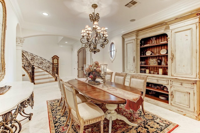 256 S Post Oak Ln, Houston, TX 77056 - dining room featuring arched walkways, ornamental molding, recessed lighting, stairs, and a chandelier