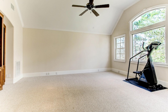 256 S Post Oak Ln, Houston, TX 77056 - exercise area featuring carpet floors, healthy amount of natural light, ornamental molding, vaulted ceiling, and a ceiling fan