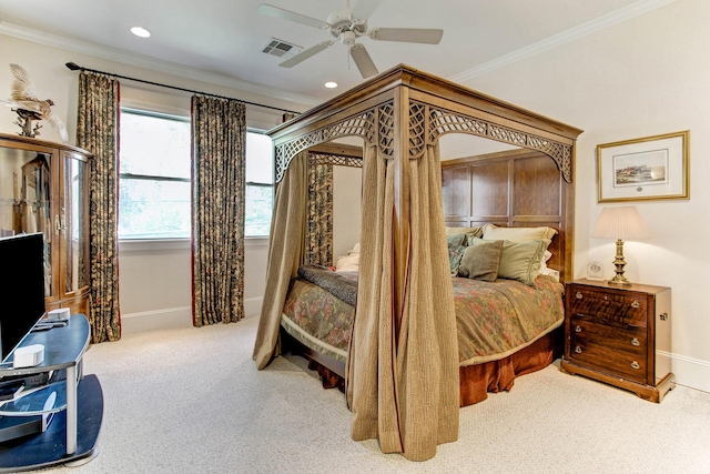 256 S Post Oak Ln, Houston, TX 77056 - bedroom with ornamental molding, baseboards, carpet, recessed lighting, and ceiling fan