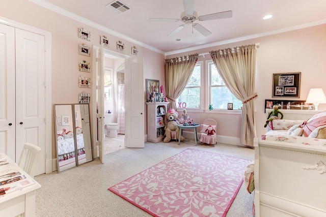 256 S Post Oak Ln, Houston, TX 77056 - carpeted bedroom featuring ornamental molding, ensuite bath, a closet, a ceiling fan, and baseboards