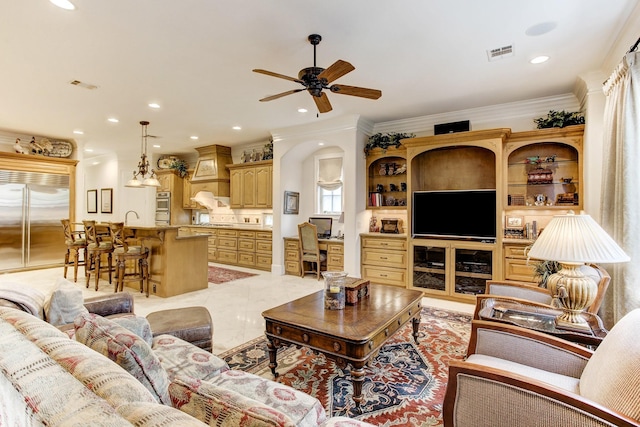 256 S Post Oak Ln, Houston, TX 77056 - living area with a ceiling fan, ornamental molding, and recessed lighting