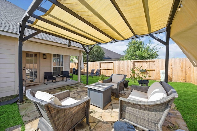view of patio with outdoor lounge area and a pergola