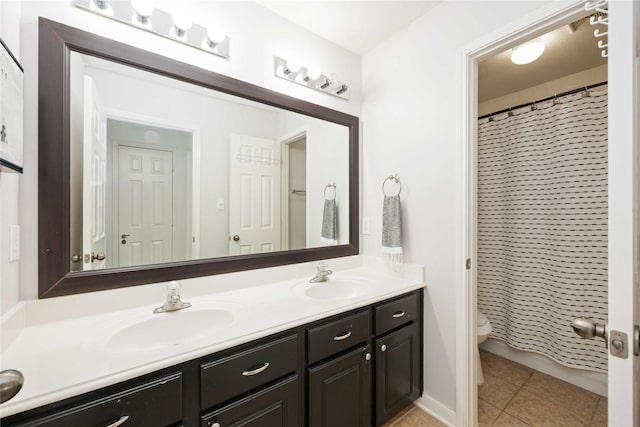 bathroom with double vanity, tile patterned flooring, toilet, and a shower with shower curtain