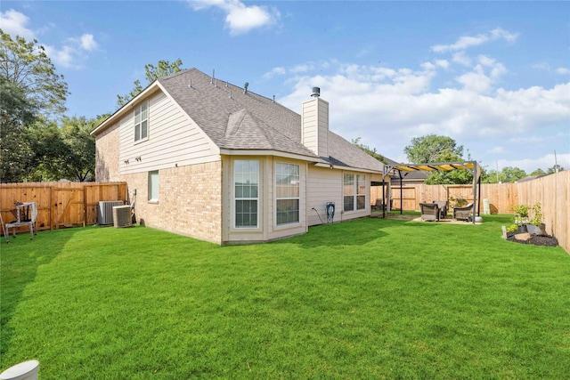 back of property featuring brick siding, a chimney, a pergola, central air condition unit, and roof with shingles