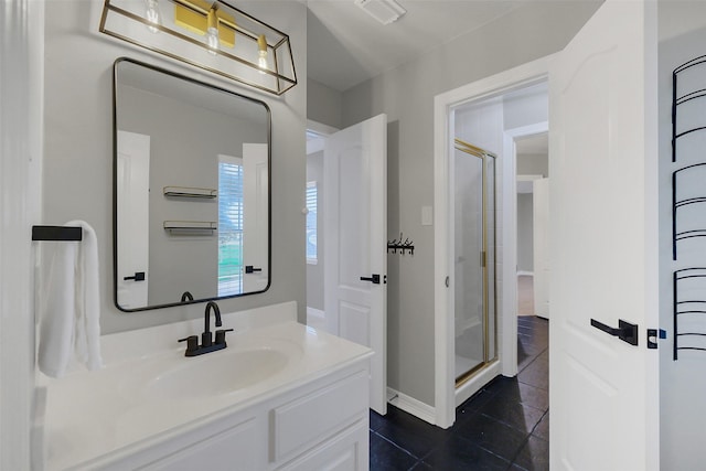 9619 Silver Birch Ct, Missouri City, TX 77459 - full bath featuring a stall shower, tile patterned flooring, vanity, and baseboards