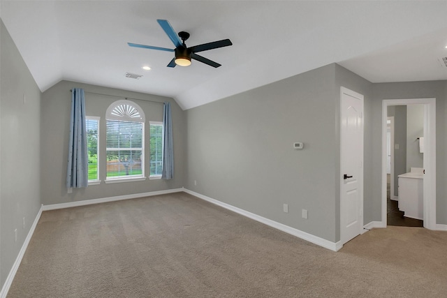 9619 Silver Birch Ct, Missouri City, TX 77459 - carpeted empty room featuring a ceiling fan, lofted ceiling, baseboards, and recessed lighting