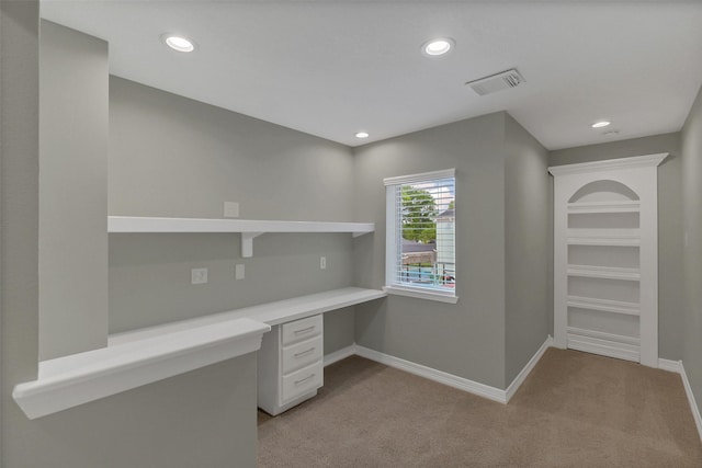 9619 Silver Birch Ct, Missouri City, TX 77459 - unfurnished office with built in study area, light carpet, baseboards, and recessed lighting
