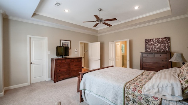 1609 W 24th St Unit B, Houston, TX 77008 - bedroom featuring a tray ceiling, ornamental molding, light colored carpet, baseboards, and recessed lighting