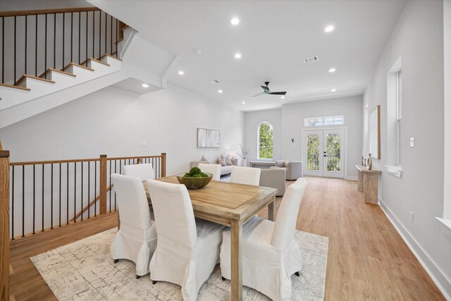 1037 17th St, Houston, TX 77008 - dining space featuring ceiling fan, light wood-type flooring, recessed lighting, stairs, and baseboards