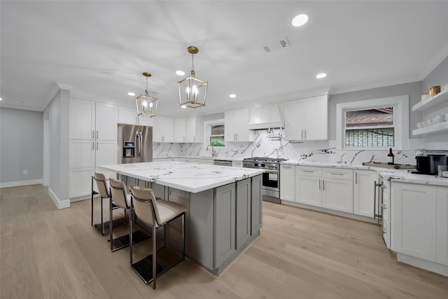 1122 Lehman St, Houston, TX 77018 - kitchen with appliances with stainless steel finishes, a center island, backsplash, custom exhaust hood, and white cabinets