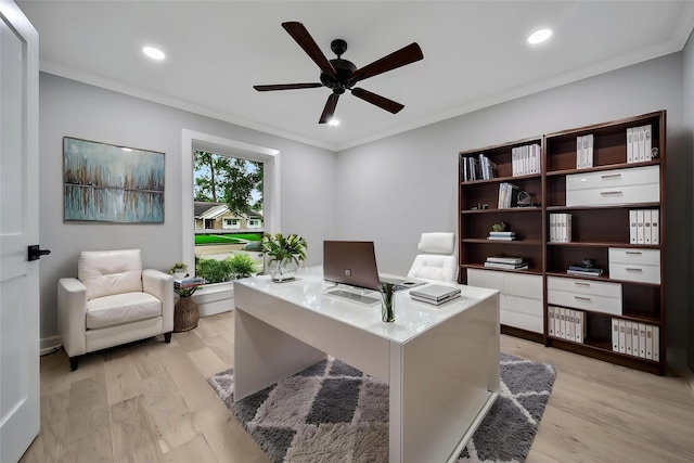 1122 Lehman St, Houston, TX 77018 - office area with a ceiling fan, crown molding, light wood finished floors, and recessed lighting