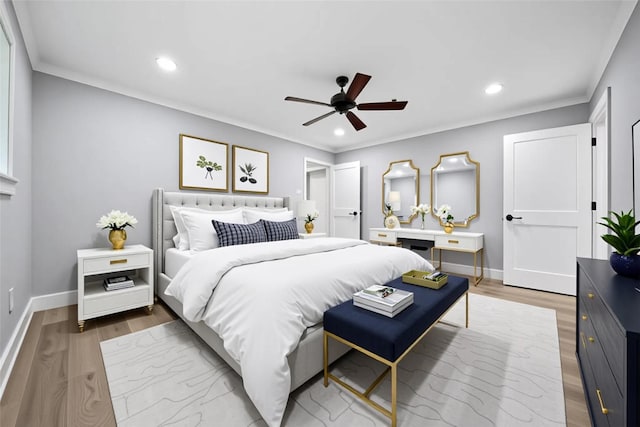 1122 Lehman St, Houston, TX 77018 - bedroom with recessed lighting, baseboards, wood finished floors, ornamental molding, and ceiling fan