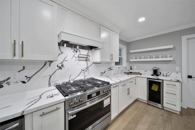 1122 Lehman St, Houston, TX 77018 - kitchen with beverage cooler, stainless steel gas stove, crown molding, backsplash, and white cabinetry