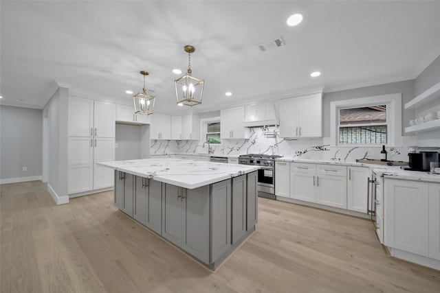 1122 Lehman St, Houston, TX 77018 - kitchen with stainless steel appliances, gray cabinetry, decorative backsplash, premium range hood, and white cabinetry