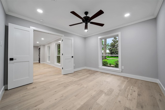 1122 Lehman St, Houston, TX 77018 - unfurnished room featuring ornamental molding, light wood-style flooring, baseboards, ceiling fan, and recessed lighting