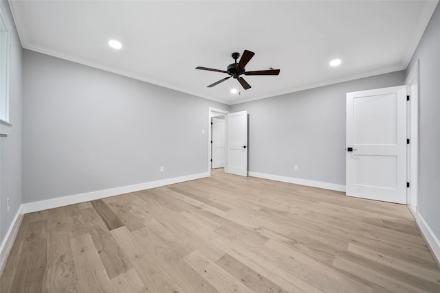 1122 Lehman St, Houston, TX 77018 - unfurnished bedroom featuring ornamental molding, baseboards, recessed lighting, light wood-style floors, and ceiling fan