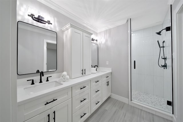 1122 Lehman St, Houston, TX 77018 - bathroom with a stall shower, double vanity, ornamental molding, and baseboards