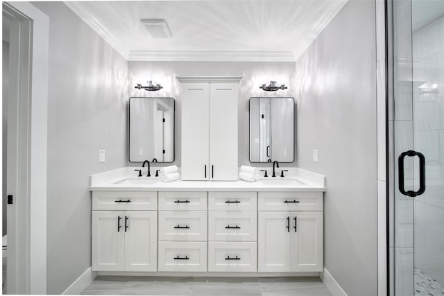 1122 Lehman St, Houston, TX 77018 - bathroom featuring crown molding, a shower stall, baseboards, and double vanity