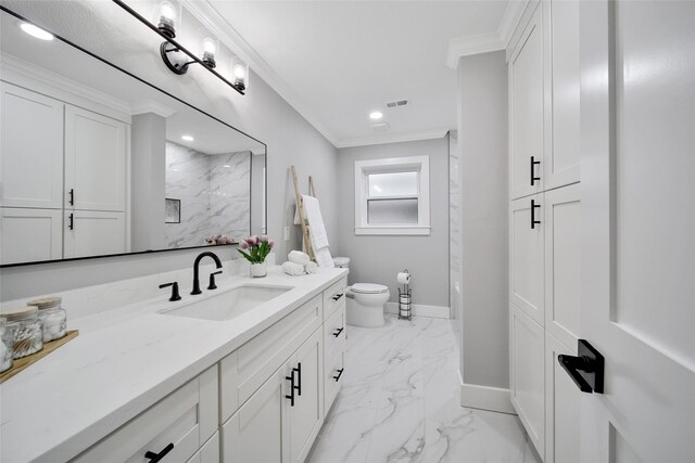1122 Lehman St, Houston, TX 77018 - bathroom with marble look tiles, a shower, baseboards, vanity, and ornamental molding