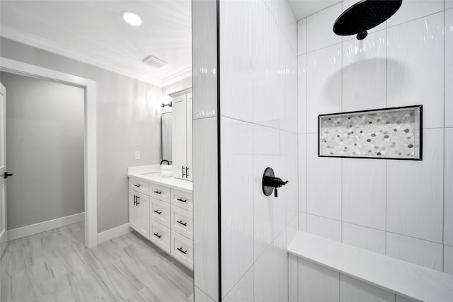 1122 Lehman St, Houston, TX 77018 - full bathroom with tiled shower, marble finish flooring, vanity, ornamental molding, and baseboards