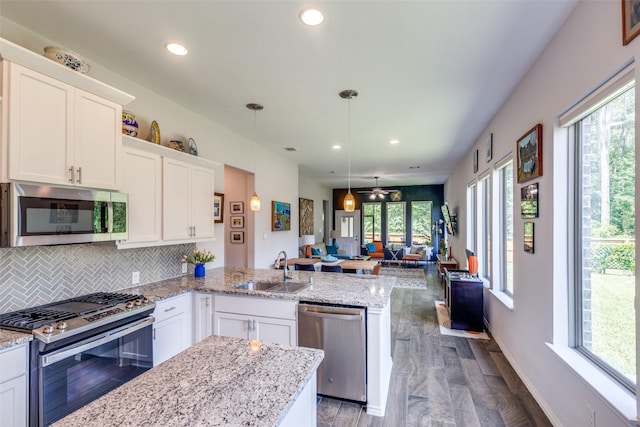342 Topper Pines Dr, Montgomery, TX 77316 - kitchen with appliances with stainless steel finishes, a sink, a peninsula, plenty of natural light, and recessed lighting