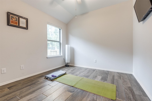 342 Topper Pines Dr, Montgomery, TX 77316 - unfurnished room with wood finished floors, a ceiling fan, vaulted ceiling, and baseboards