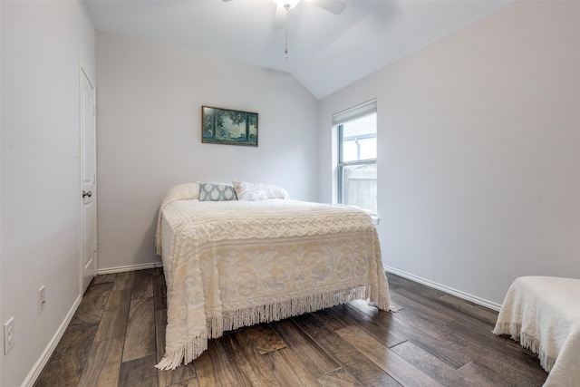 342 Topper Pines Dr, Montgomery, TX 77316 - bedroom with dark wood-style flooring, lofted ceiling, baseboards, and ceiling fan
