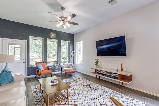 342 Topper Pines Dr, Montgomery, TX 77316 - living room with baseboards, ceiling fan, and wood finished floors