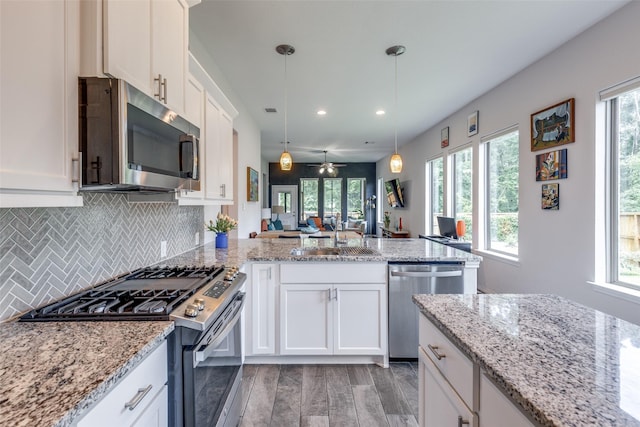 342 Topper Pines Dr, Montgomery, TX 77316 - kitchen featuring appliances with stainless steel finishes, a sink, a peninsula, recessed lighting, and a ceiling fan