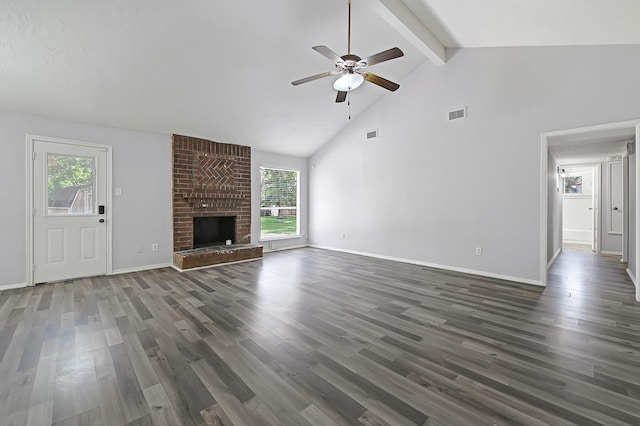 4126 Fitzwater Dr, Spring, TX 77373 - unfurnished living room with a ceiling fan, healthy amount of natural light, beamed ceiling, high vaulted ceiling, and wood finished floors
