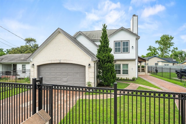 view of front of property with brick siding, a garage, a chimney, and driveway
