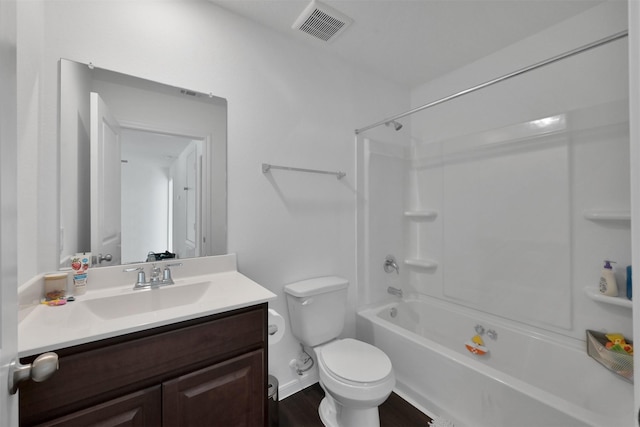 109 Chestnut Gate Dr, Conroe, TX 77378 - bathroom with toilet, vanity, wood finished floors, and bathing tub / shower combination