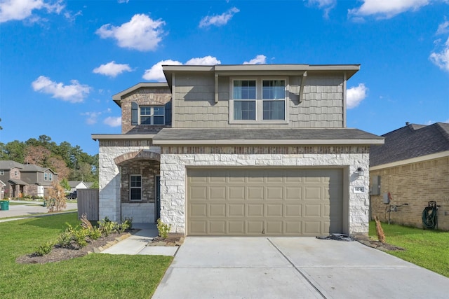 109 Chestnut Gate Dr, Conroe, TX 77378 - traditional-style home featuring a garage, driveway, a front yard, and stone siding
