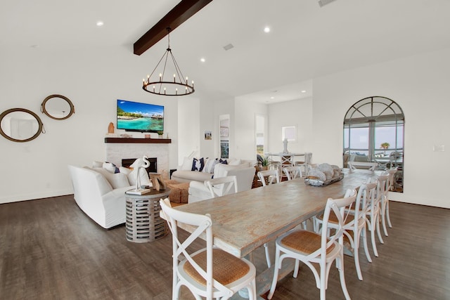 428 Bay Club Dr, Seadrift, TX 77983 - dining room with beam ceiling, dark wood-type flooring, a chandelier, baseboards, and recessed lighting