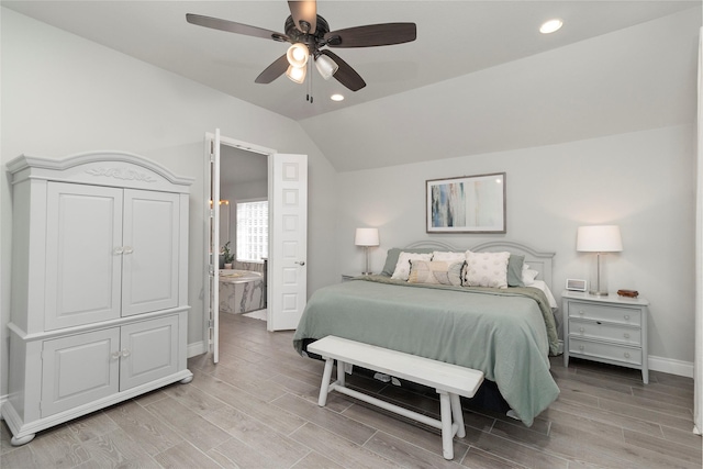 bedroom featuring vaulted ceiling, light wood-style flooring, baseboards, recessed lighting, and a ceiling fan